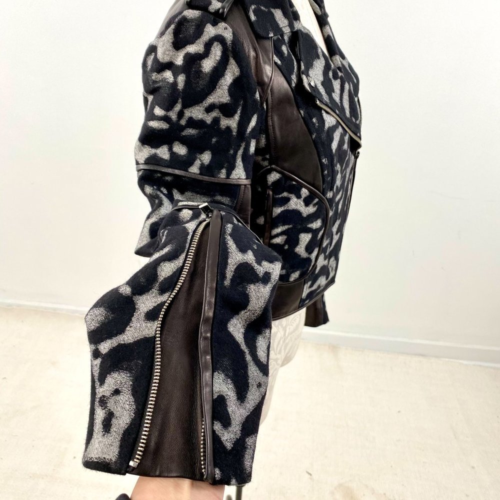DVF Diane Von Furstenberg Jacket 6 S/M Moto Leather Wool Print Black Grey NWOT - Picture 11 of 15